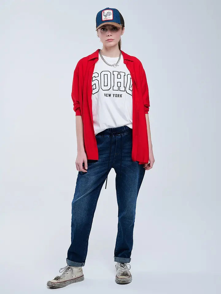 Relaxed Fit Red Shirt 3/4 Sleeves and High Low Hem-Shirt-Q2-S-RED-Urbanheer