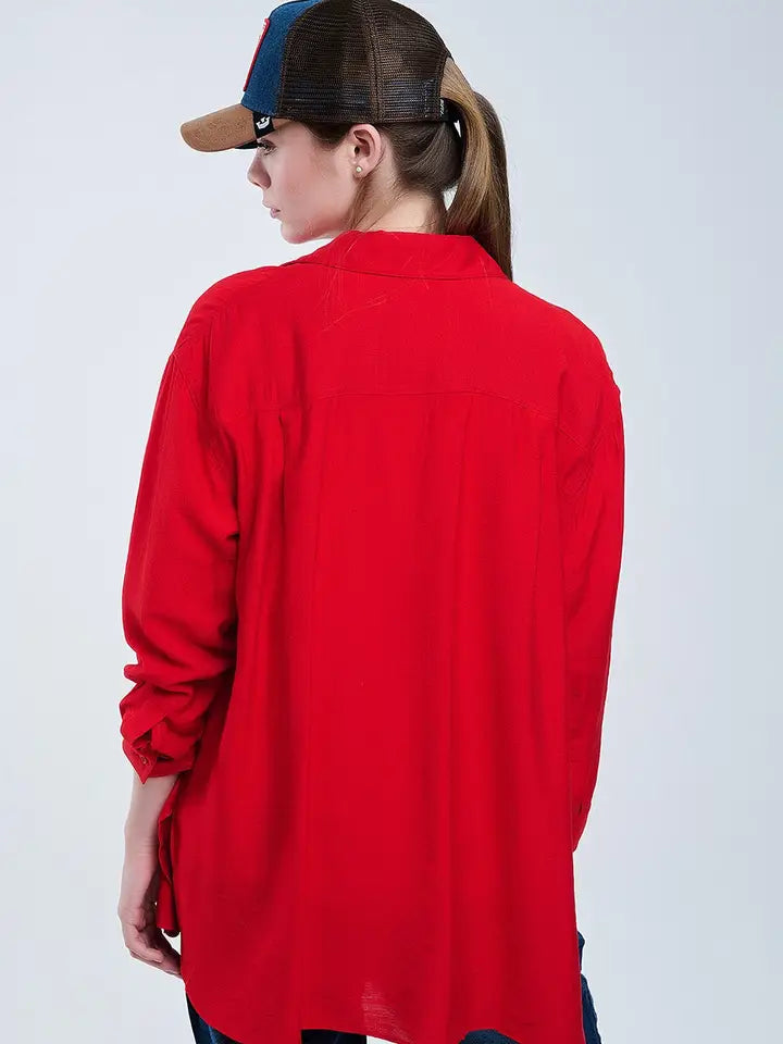 Relaxed Fit Red Shirt 3/4 Sleeves and High Low Hem-Shirt-Q2-S-RED-Urbanheer