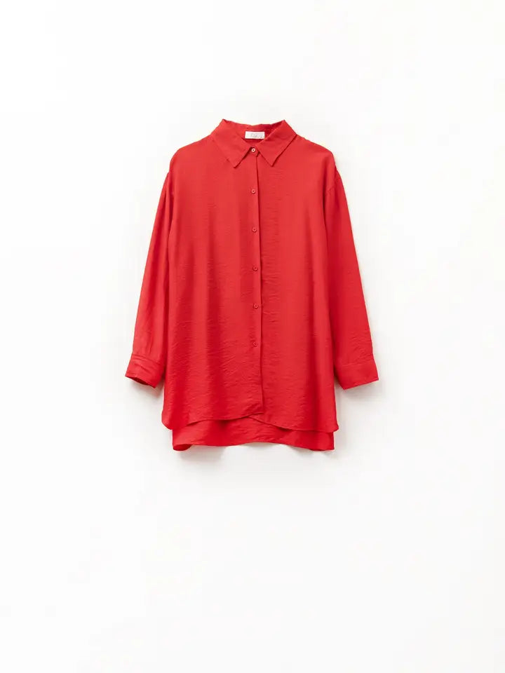 Relaxed Fit Red Shirt 3/4 Sleeves and High Low Hem-Shirt-Q2-S-RED-Urbanheer