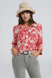 Relaxed Red Floral Print Blouse with Bell Sleeves-Blouse-Q2-One Size-Red-Urbanheer
