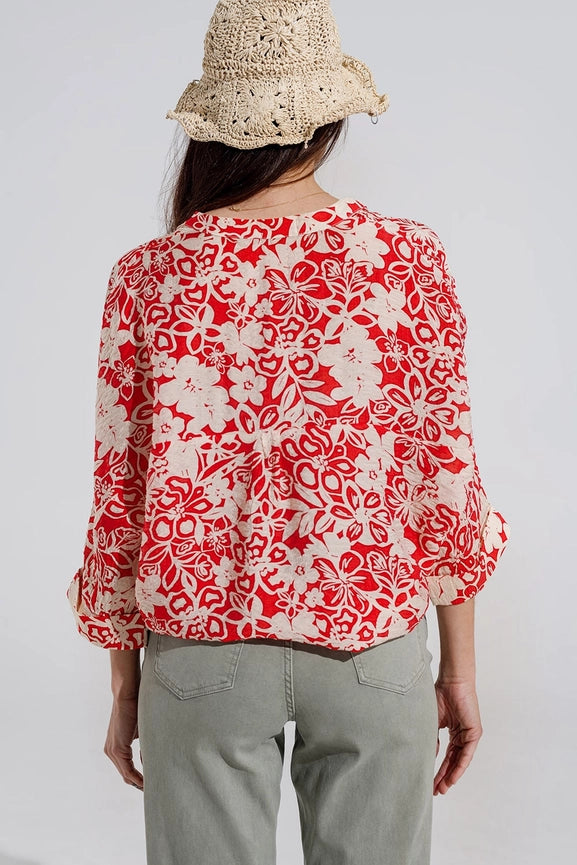 Relaxed Red Floral Print Blouse with Bell Sleeves-Blouse-Q2-One Size-Red-Urbanheer
