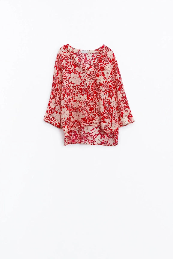 Relaxed Red Floral Print Blouse with Bell Sleeves-Blouse-Q2-One Size-Red-Urbanheer