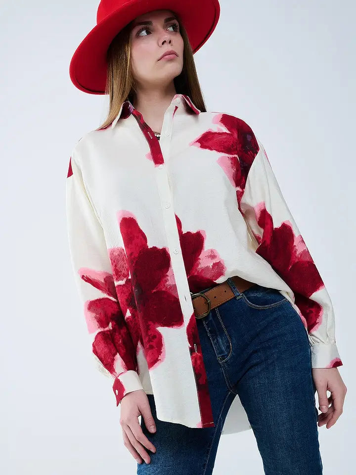 Relaxed Shirt in Beige with Red Tropical Flower Print in Red-Shirt-Q2-M-Red-Urbanheer