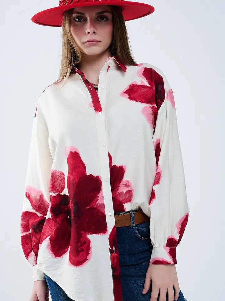 Relaxed Shirt in Beige with Red Tropical Flower Print in Red-Shirt-Q2-M-Red-Urbanheer