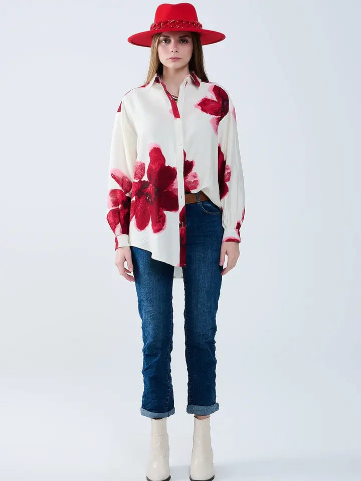 Relaxed Shirt in Beige with Red Tropical Flower Print in Red-Shirt-Q2-M-Red-Urbanheer