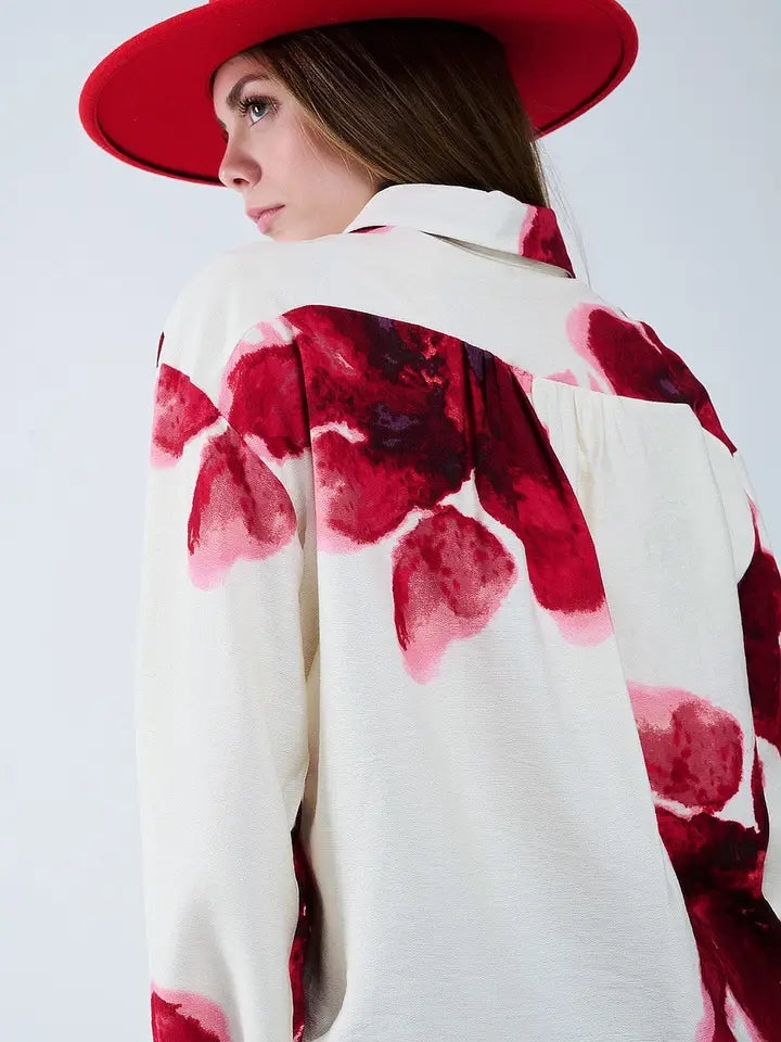 Relaxed Shirt in Beige with Red Tropical Flower Print in Red-Shirt-Q2-M-Red-Urbanheer