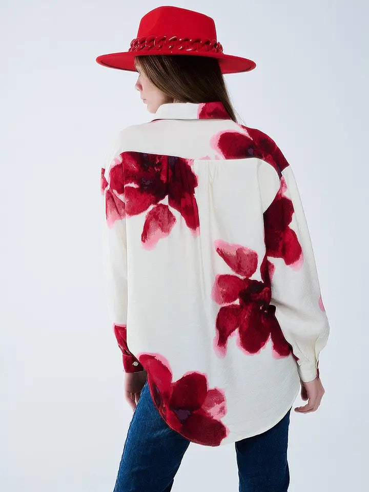 Relaxed Shirt in Beige with Red Tropical Flower Print in Red-Shirt-Q2-M-Red-Urbanheer