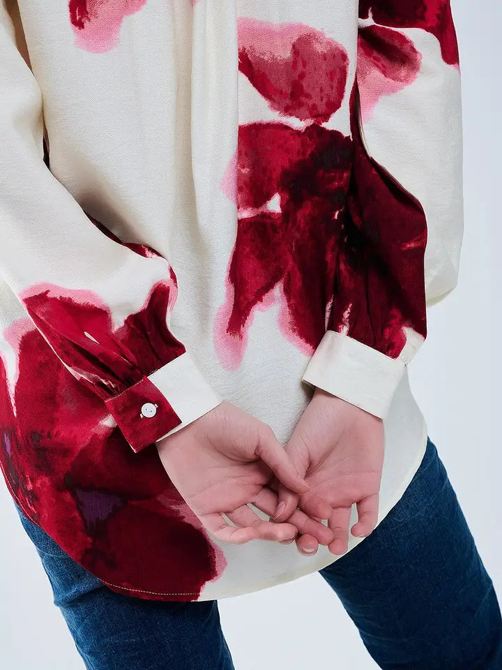 Relaxed Shirt in Beige with Red Tropical Flower Print in Red-Shirt-Q2-M-Red-Urbanheer