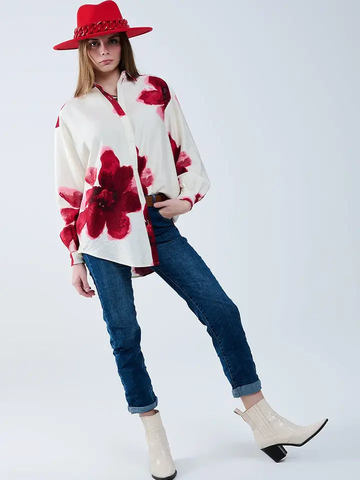 Relaxed Shirt in Beige with Red Tropical Flower Print in Red-Shirt-Q2-M-Red-Urbanheer