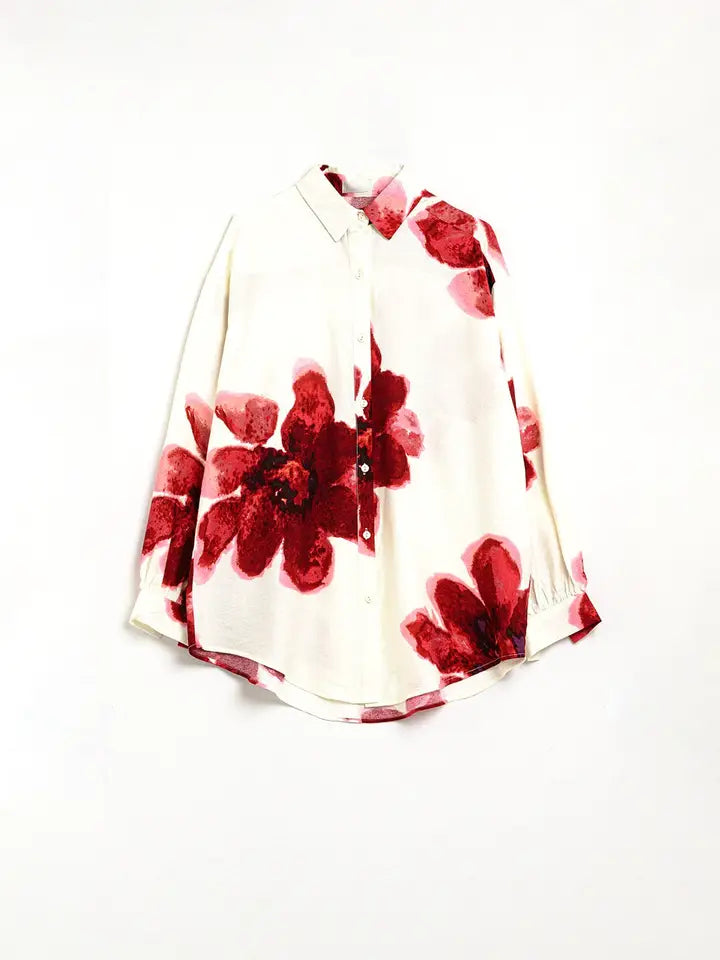 Relaxed Shirt in Beige with Red Tropical Flower Print in Red-Shirt-Q2-M-Red-Urbanheer