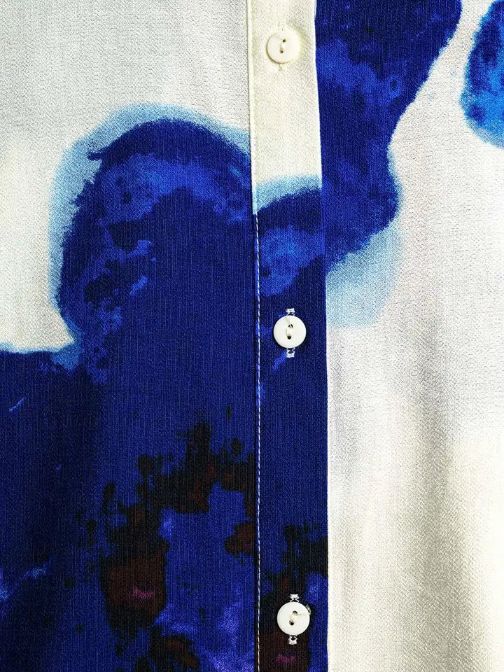 Relaxed Shirt in White with Blue Tropical Flower Print-Shirt-Q2-M-BLUE-Urbanheer