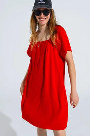 Relaxed Short Dress with Square Neckline and Short Sleeves in Red-Dress-Q2-S-Red-Urbanheer