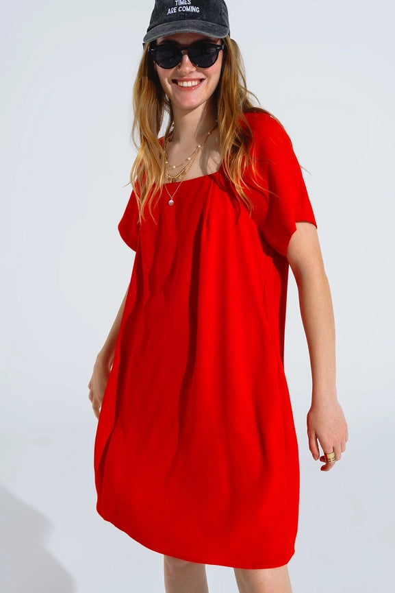Relaxed Short Dress with Square Neckline and Short Sleeves in Red-Dress-Q2-S-Red-Urbanheer