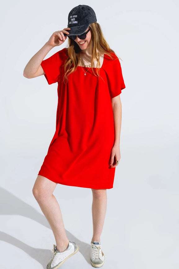 Relaxed Short Dress with Square Neckline and Short Sleeves in Red-Dress-Q2-S-Red-Urbanheer