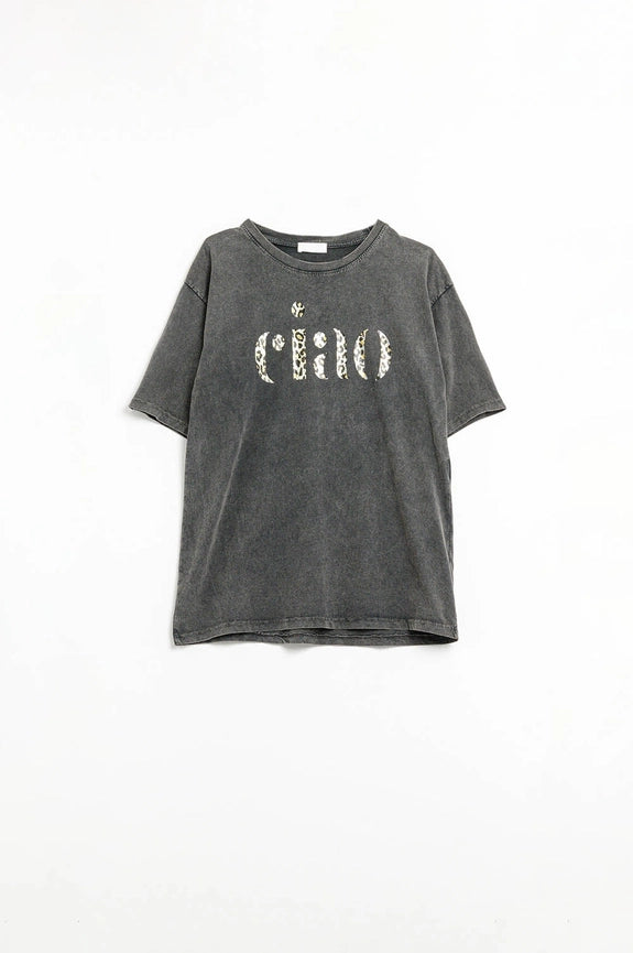 Relaxed Stonewashed Black T-Shirt with Ciao in Leopard Print-T-Shirt-Q2-One Size-Black-Urbanheer