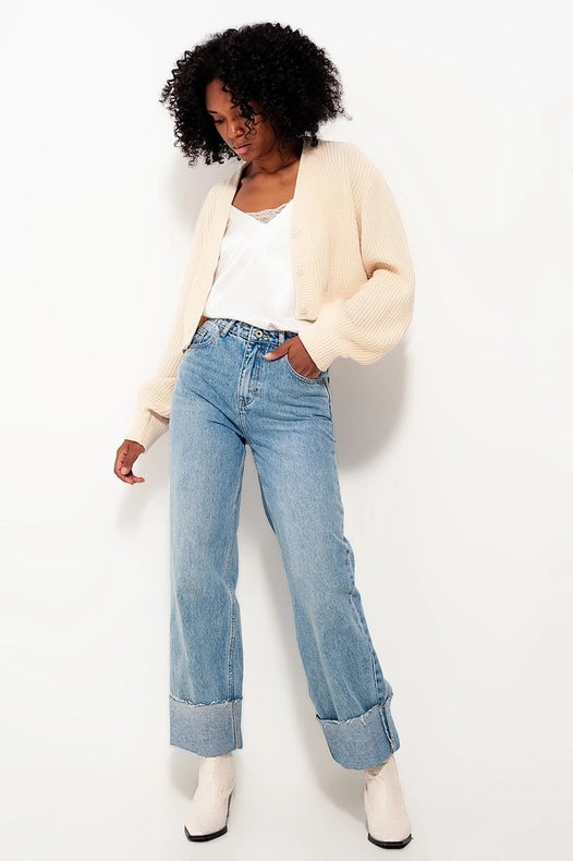 Relaxed Straight Leg Jeans With Turn Up In Bleach Wash-Jeans-Q2-XS-Blue-Urbanheer