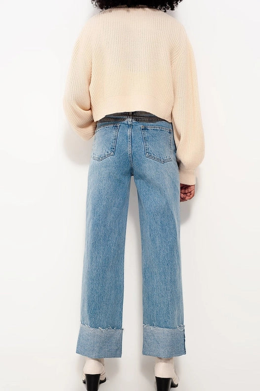 Relaxed Straight Leg Jeans With Turn Up In Bleach Wash-Jeans-Q2-XS-Blue-Urbanheer