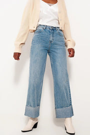 Relaxed Straight Leg Jeans With Turn Up In Bleach Wash-Jeans-Q2-XS-Blue-Urbanheer
