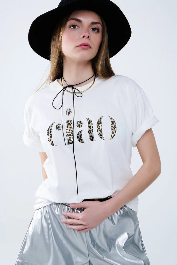 Relaxed White T-Shirt with Ciao in Leopard Print-T-Shirt-Q2-One Size-White-Urbanheer