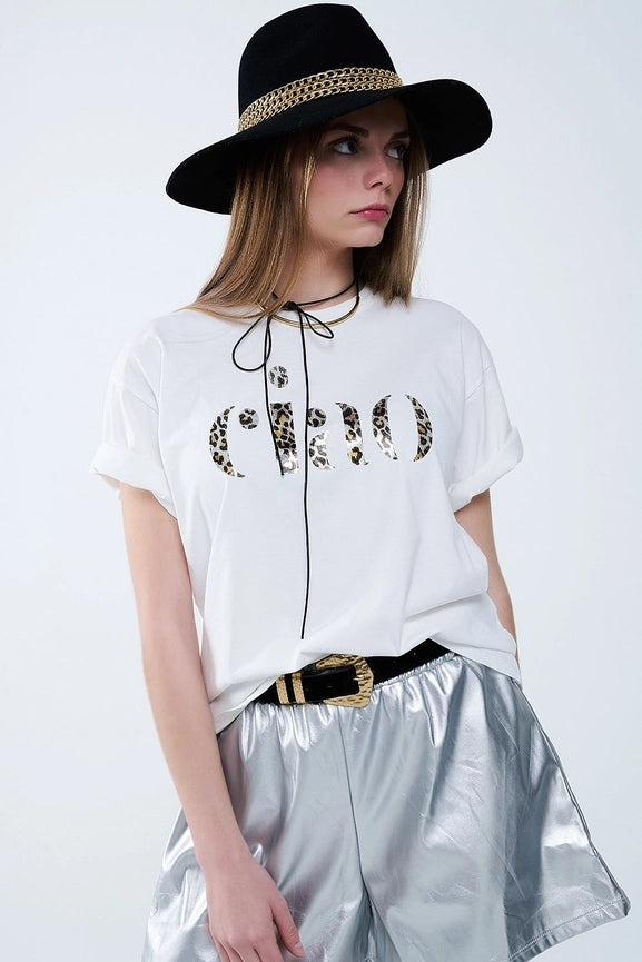 Relaxed White T-Shirt with Ciao in Leopard Print-T-Shirt-Q2-One Size-White-Urbanheer