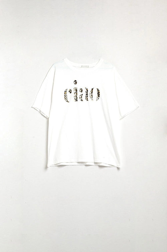 Relaxed White T-Shirt with Ciao in Leopard Print-T-Shirt-Q2-One Size-White-Urbanheer
