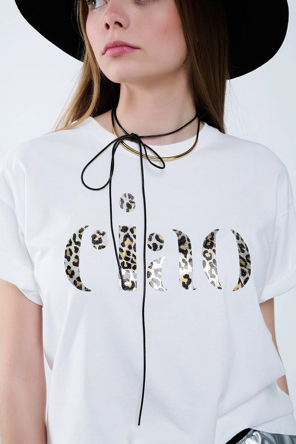 Relaxed White T-Shirt with Ciao in Leopard Print-T-Shirt-Q2-One Size-White-Urbanheer