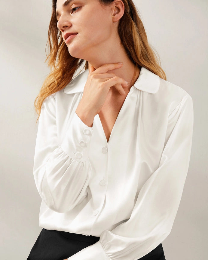 Retro French Long Sleeve Silk Blouse Ivory-Shirt-MommeSilk-XS-Ivory-Urbanheer