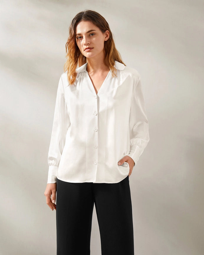 Retro French Long Sleeve Silk Blouse Ivory-Shirt-MommeSilk-XS-Ivory-Urbanheer