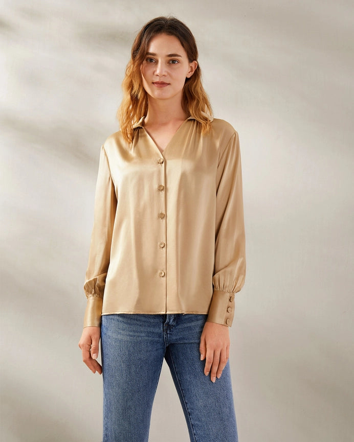 Retro French Long Sleeve Silk Blouse Light Camel-Shirt-MommeSilk-XS-Light Camel-Urbanheer