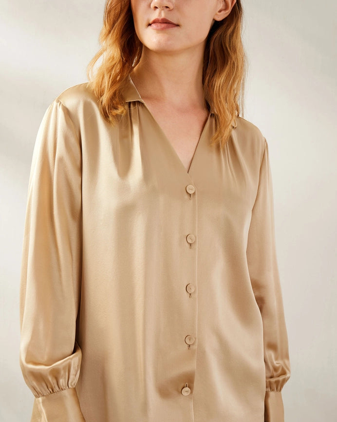 Retro French Long Sleeve Silk Blouse Light Camel-Shirt-MommeSilk-XS-Light Camel-Urbanheer