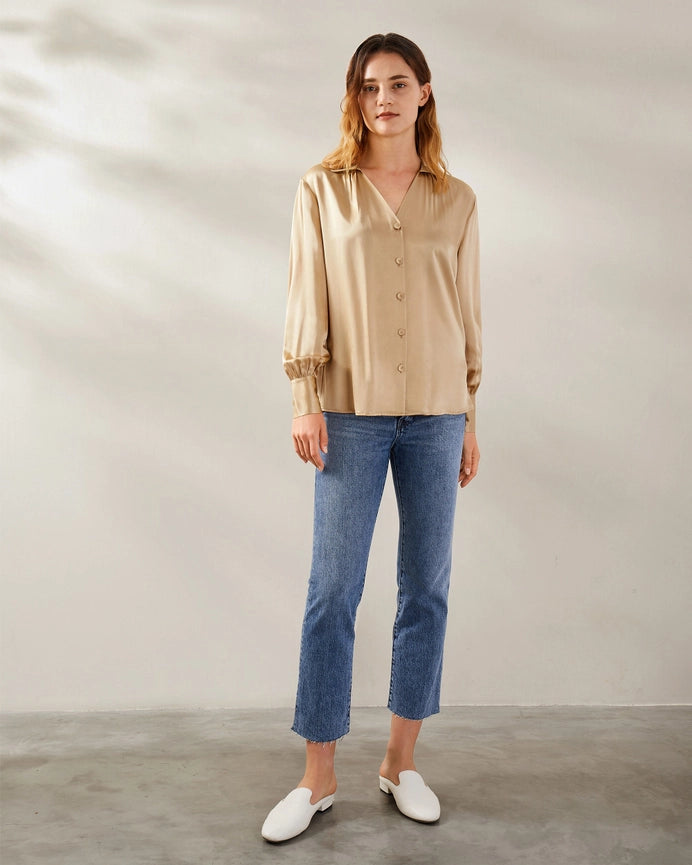 Retro French Long Sleeve Silk Blouse Light Camel-Shirt-MommeSilk-XS-Light Camel-Urbanheer