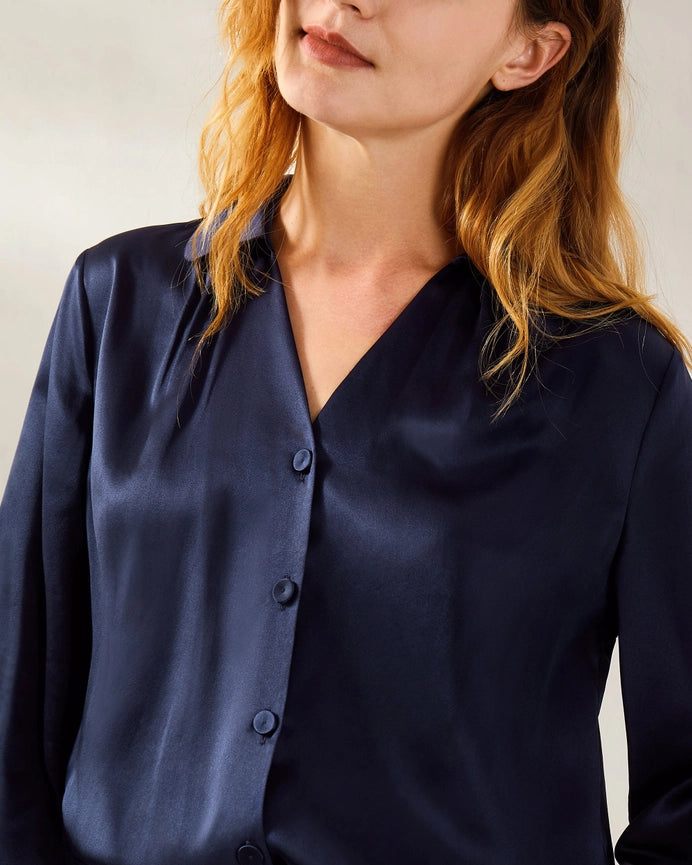 Retro French Long Sleeve Silk Blouse Navy Blue-Shirt-MommeSilk-XS-Navy Blue-Urbanheer