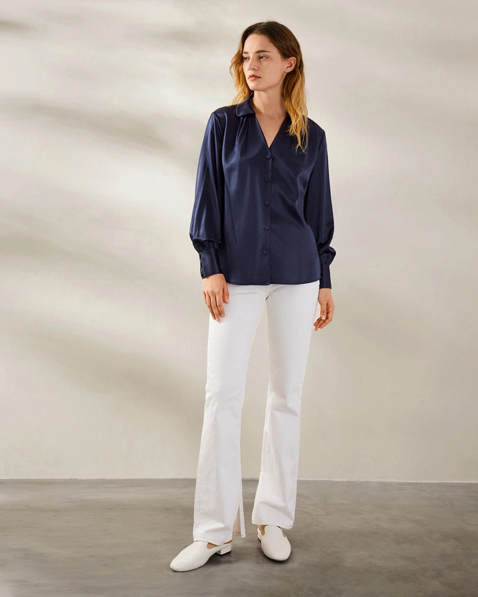 Retro French Long Sleeve Silk Blouse Navy Blue-Shirt-MommeSilk-XS-Navy Blue-Urbanheer