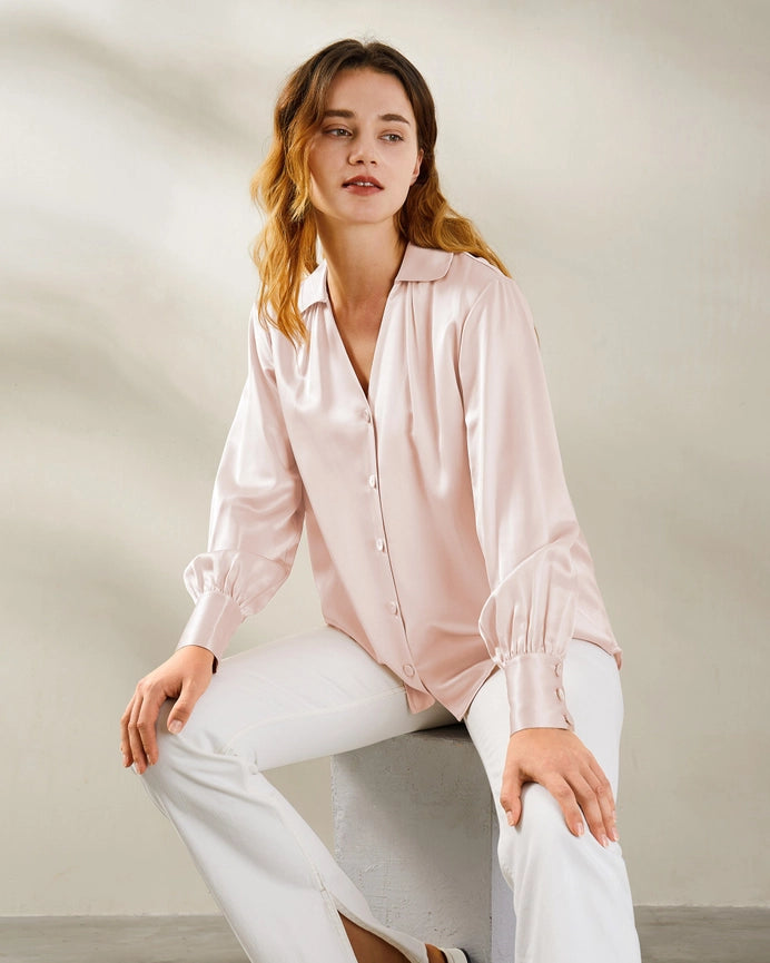 Retro French Long Sleeve Silk Blouse Pale Pink-Shirt-MommeSilk-XS-Pale Pink-Urbanheer
