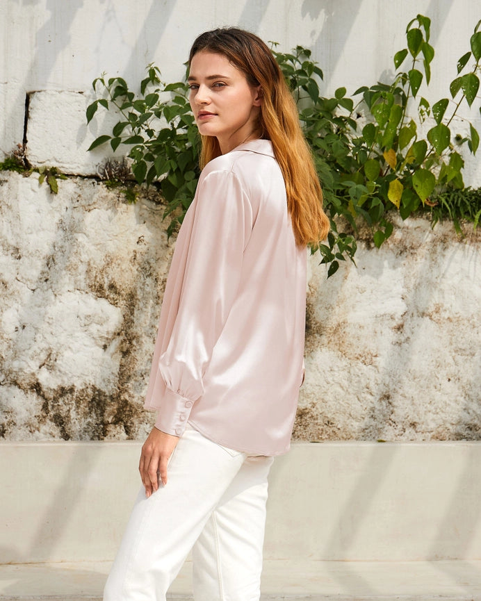 Retro French Long Sleeve Silk Blouse Pale Pink-Shirt-MommeSilk-XS-Pale Pink-Urbanheer