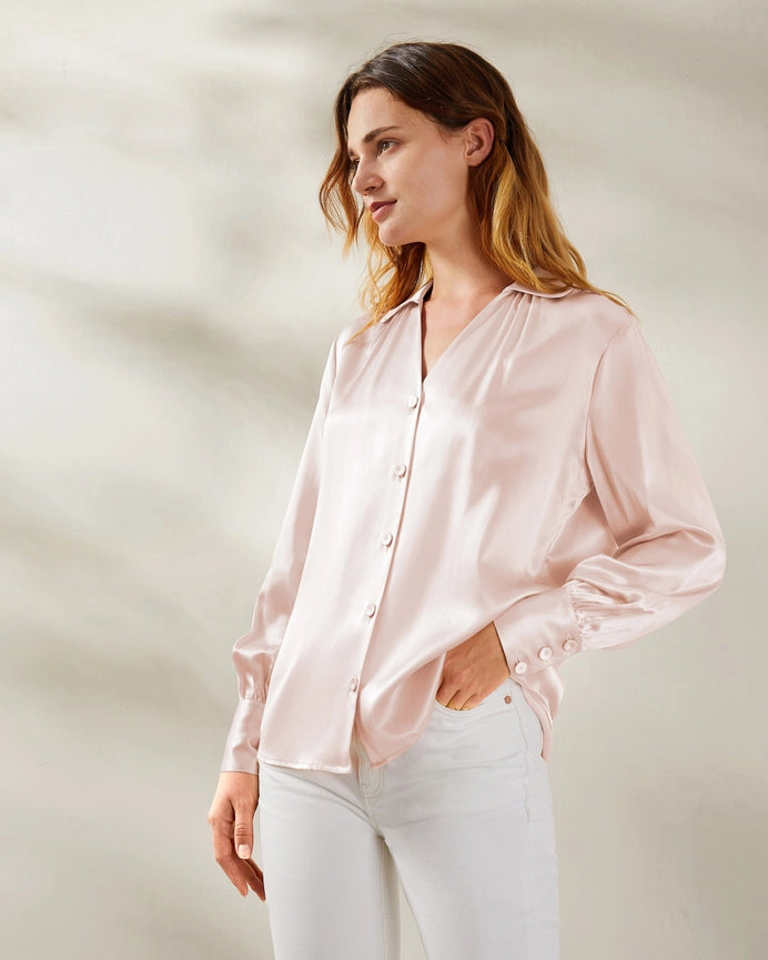 Retro French Long Sleeve Silk Blouse Pale Pink-Shirt-MommeSilk-XS-Pale Pink-Urbanheer