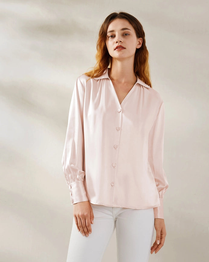 Retro French Long Sleeve Silk Blouse Pale Pink-Shirt-MommeSilk-XS-Pale Pink-Urbanheer