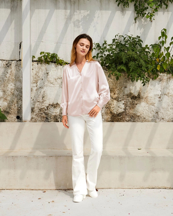 Retro French Long Sleeve Silk Blouse Pale Pink-Shirt-MommeSilk-XS-Pale Pink-Urbanheer