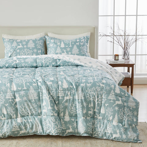 Reversible Christmas Comforter and Sham Set Enchanted Woods Blue
