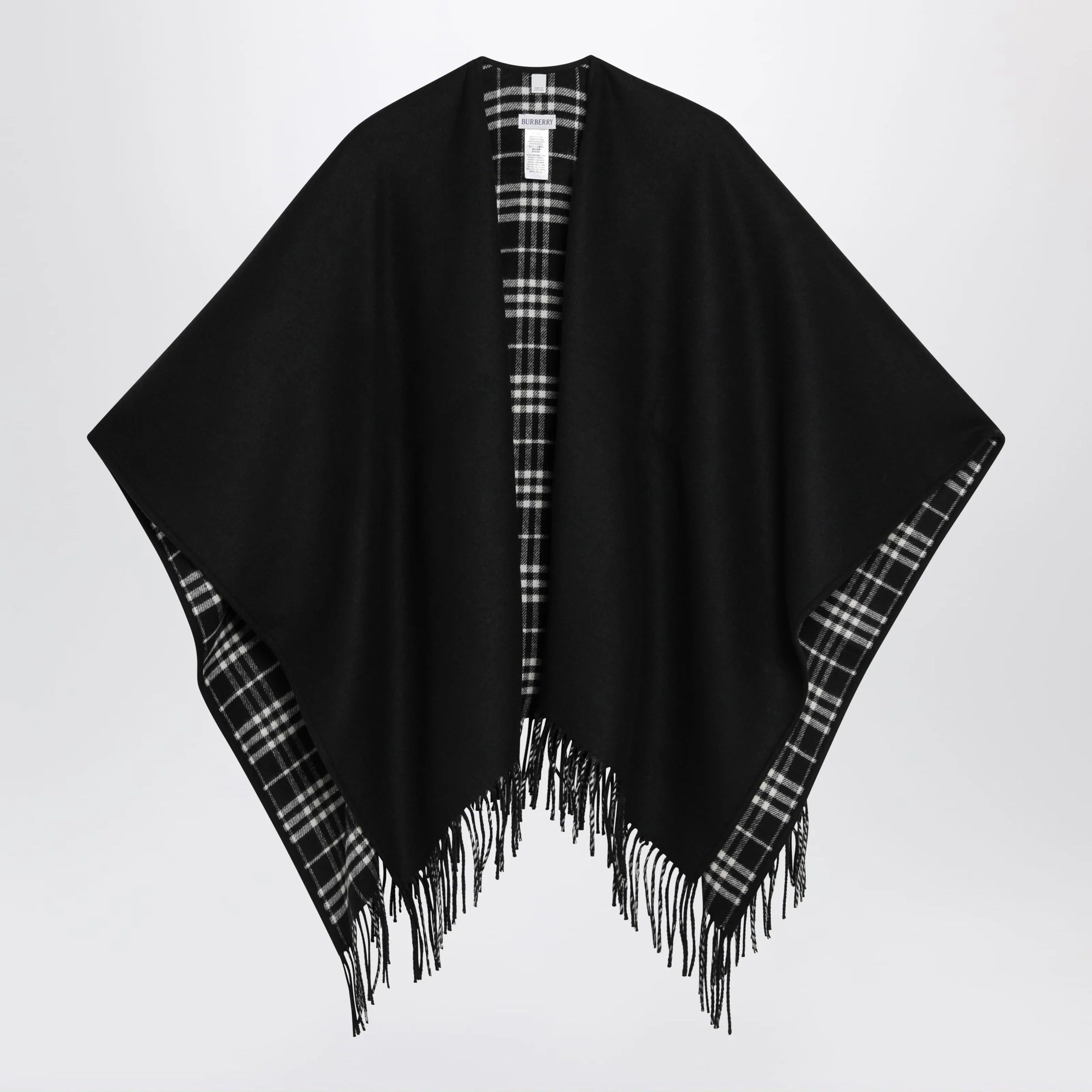 Reversible Wool Check Cape with Fringes