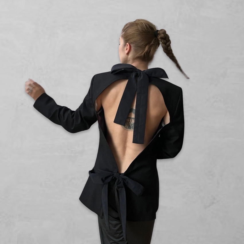 Reworked Black Blazer with Open Back and Black Bows-Blazer-London Atelier Byproduct-S//M-Black-Urbanheer