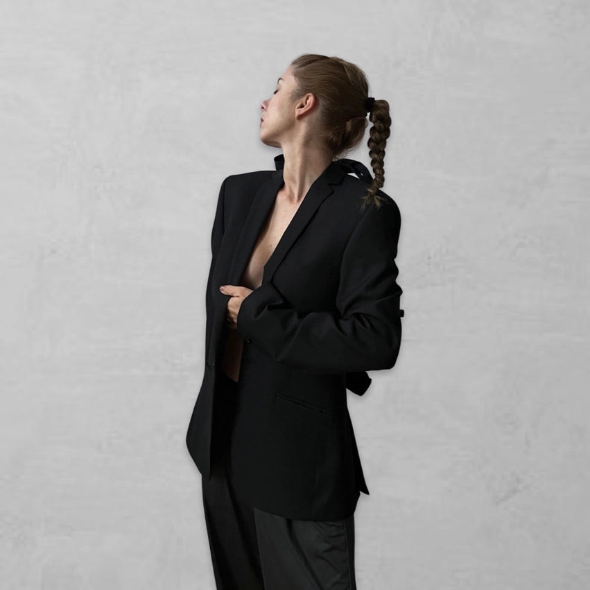 Reworked Black Blazer with Open Back and Black Bows-Blazer-London Atelier Byproduct-S//M-Black-Urbanheer