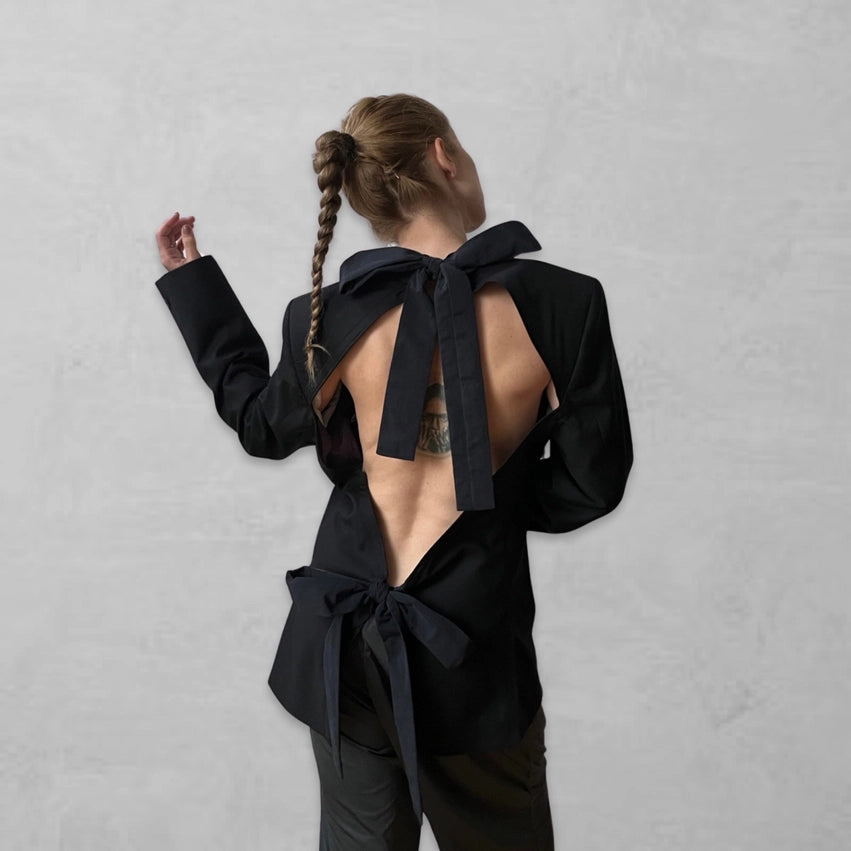 Reworked Black Blazer with Open Back and Black Bows-Blazer-London Atelier Byproduct-S//M-Black-Urbanheer