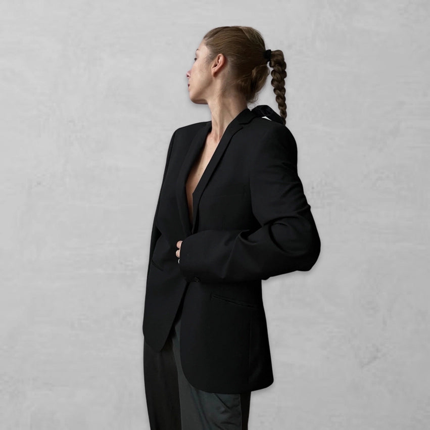 Reworked Black Blazer with Open Back and Black Bows-Blazer-London Atelier Byproduct-S//M-Black-Urbanheer