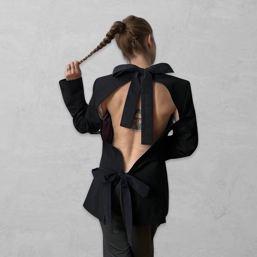 Reworked Black Blazer with Open Back and Black Bows-Blazer-London Atelier Byproduct-S//M-Black-Urbanheer