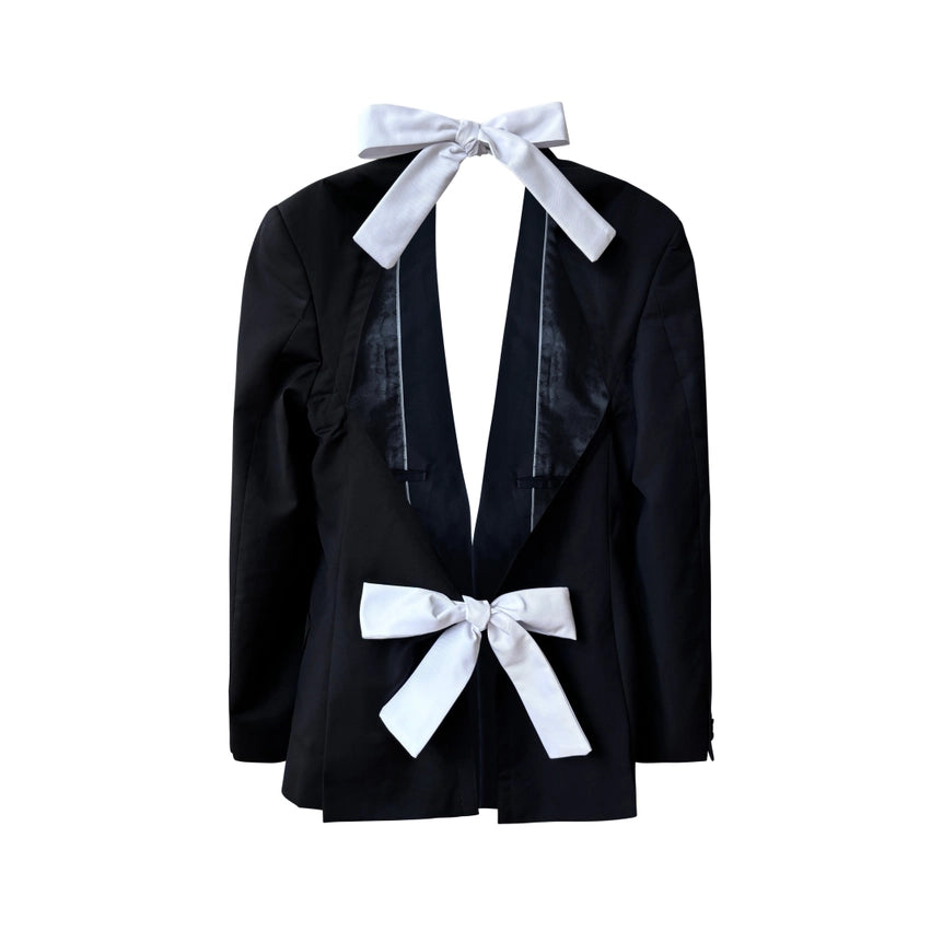 Reworked Black Blazer with Open Back and White Bows-Blazer-London Atelier Byproduct-S//M-Black-Urbanheer