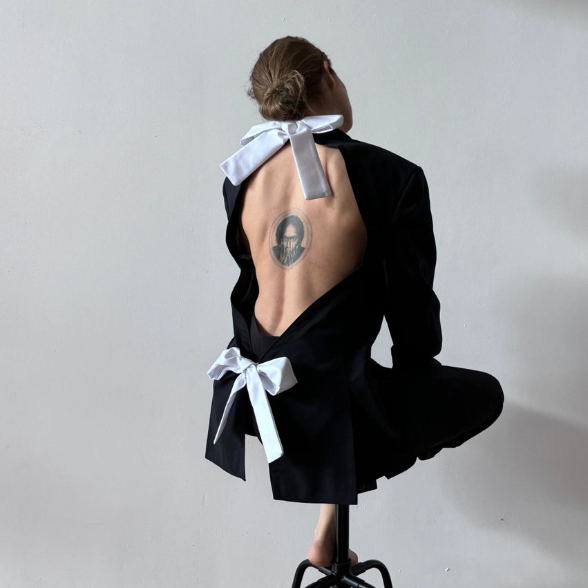 Reworked Black Blazer with Open Back and White Bows-Blazer-London Atelier Byproduct-S//M-Black-Urbanheer