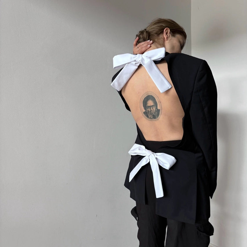 Reworked Black Blazer with Open Back and White Bows-Blazer-London Atelier Byproduct-S//M-Black-Urbanheer