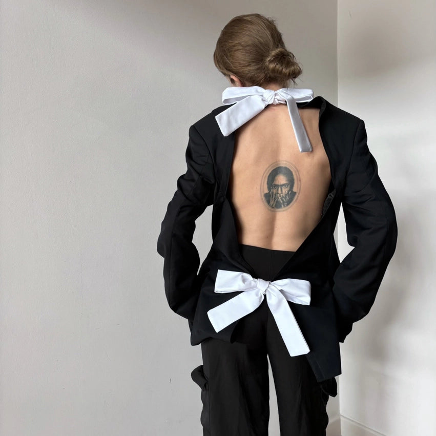 Reworked Black Blazer with Open Back and White Bows-Blazer-London Atelier Byproduct-S//M-Black-Urbanheer