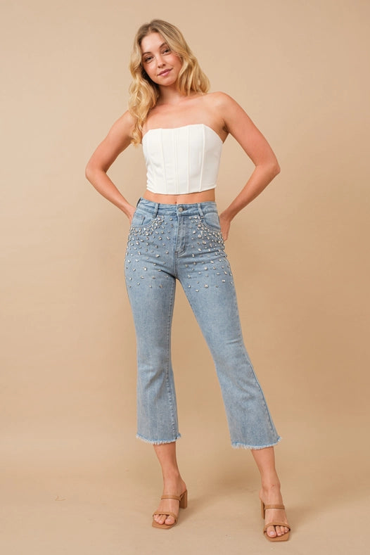 Rhinestone Denim Jeans-Jeans-Blue B-S-LIGHT WASH-Urbanheer